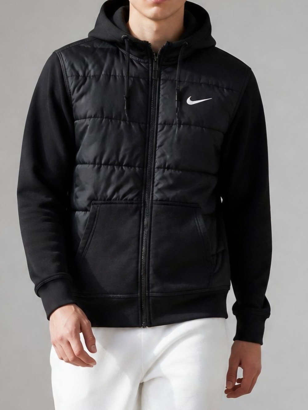 Nike Black Quilted Front-Zip Hoodie Jacket Streetwear Utility Casual